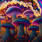 Colorful psychedelic artwork: Stylized mushrooms in intricate patterns