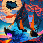 Colorful digital artwork: sailing ship on ocean waves, multicolored sky, moon, stars