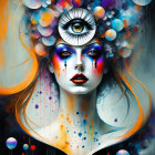 Surrealist painting: Woman's face with eye on forehead, colorful bubbles & vibrant hues