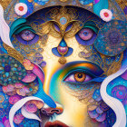 Colorful Psychedelic Female Face Artwork with Multiple Eyes and Detailed Patterns