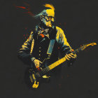 Elderly Musician with Mohawk Playing Electric Guitar in Stylized Artwork