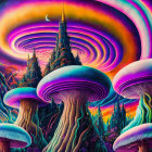 Colorful Psychedelic Art: Mushroom Structures, Pine Trees, Swirling Patterns