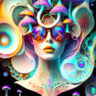 Colorful psychedelic female face with mushrooms and sunglasses.