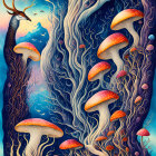 Surreal illustration: stag's head on tree trunk, jellyfish-like mushrooms, whimsical night