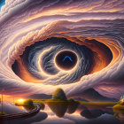 Vibrant surreal landscape with vortex cloud formation above water