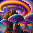 Colorful psychedelic artwork: rainbow skies, whimsical mushrooms, fantasy castles, intricate patterns