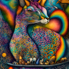Colorful psychedelic chameleon surrounded by fantastical elements