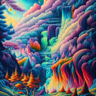 Colorful psychedelic landscape with patterned mushrooms under layered sky.
