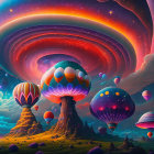 Colorful surreal landscape with giant eye in sky, swirling clouds, planets, and mountains.