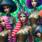 Four women with vibrant fantasy makeup and body paint in mystical setting