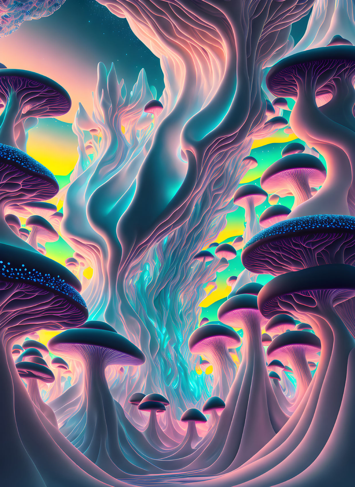 Colorful Psychedelic Art: Neon Mushrooms & Organic Shapes in Forest