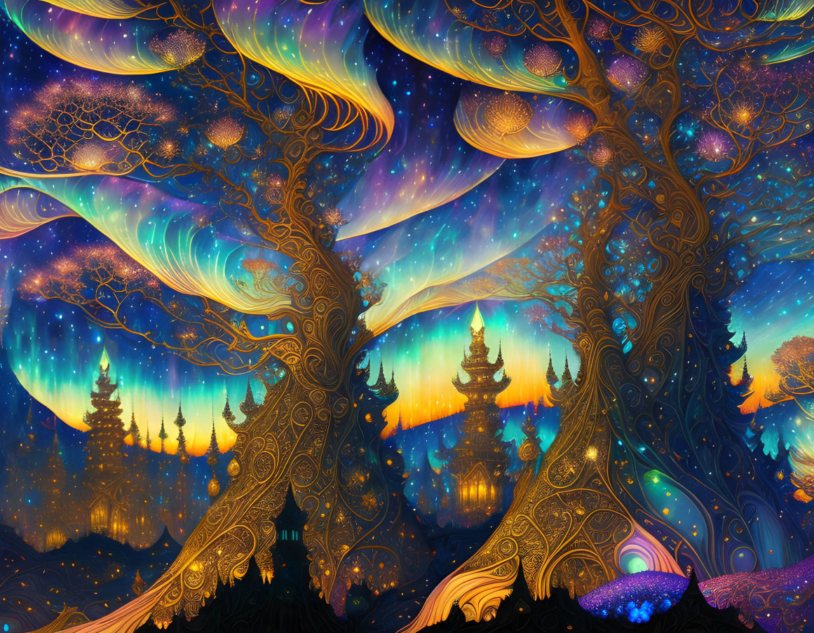 Majestic fantasy landscape with cosmic sky and glowing elements