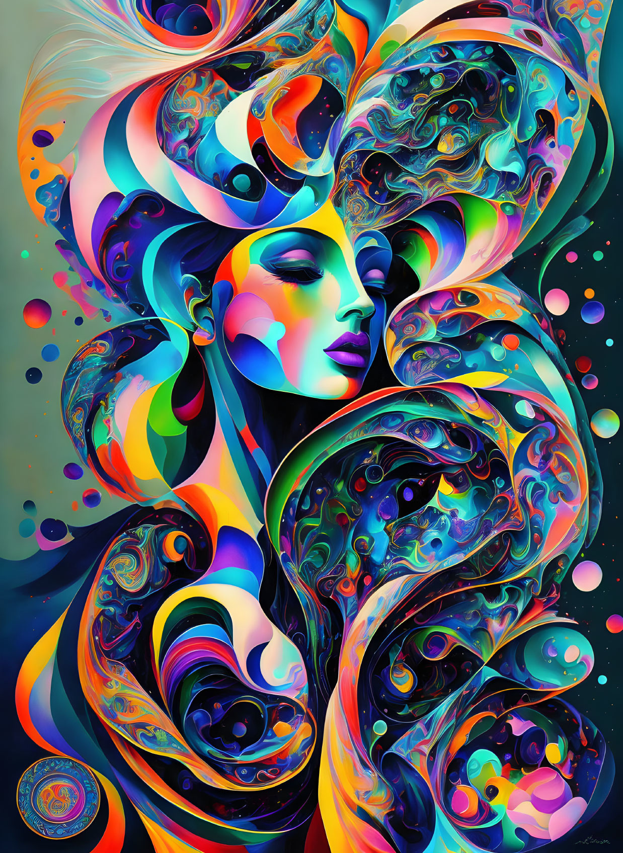 Colorful Psychedelic Portrait of Woman with Swirling Patterns