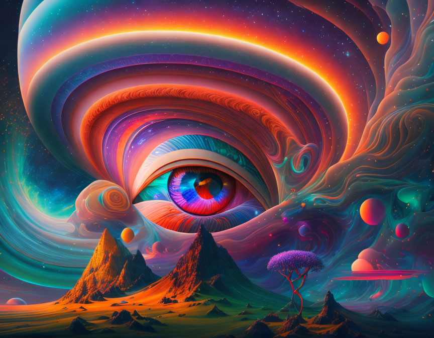 Colorful surreal landscape with giant eye in sky, swirling clouds, planets, and mountains.