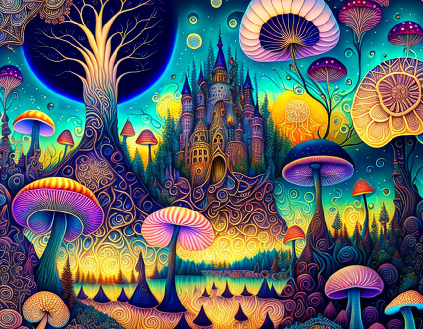 Vibrant psychedelic castle with oversized mushrooms and celestial elements