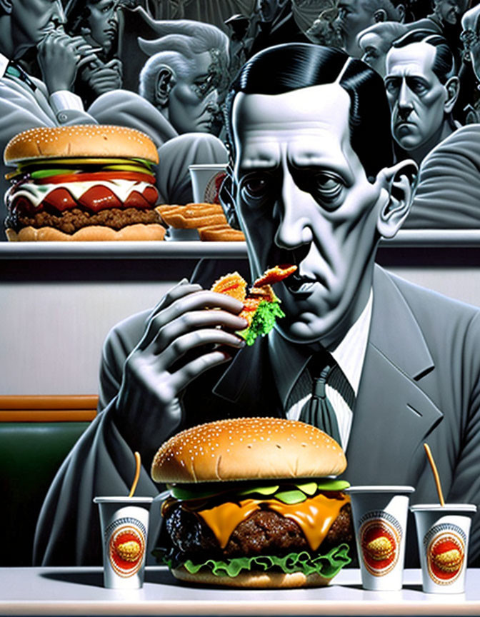 Monochromatic surreal illustration of man eating burger surrounded by identical figures