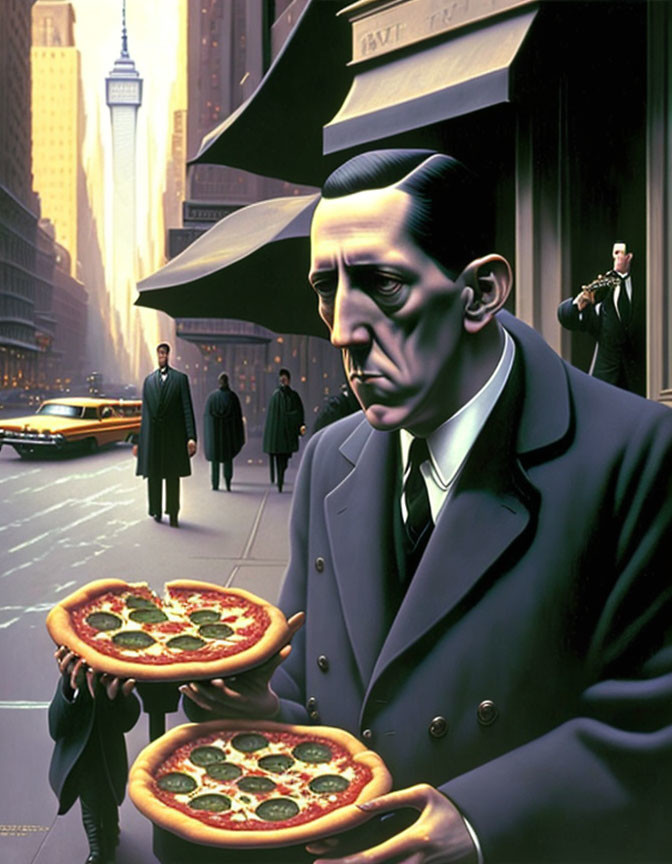 Surrealistic painting: man in suit with elongated face holding pizzas in distorted cityscape