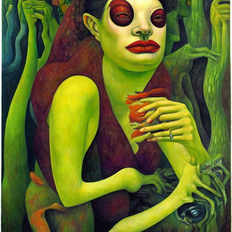 Surreal green-toned painting: Woman with red-rimmed eyes and elongated fingers