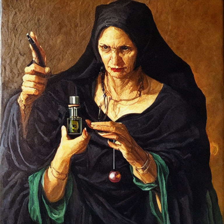 Elderly woman in black cloak with bottle and dropper