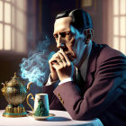 Vintage-style man sitting at a table with teapot and cup in contemplative mood