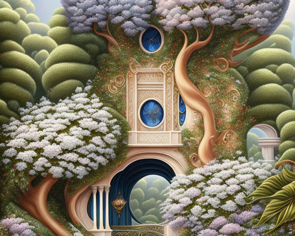 Illustration of whimsical treehouse in lush garden