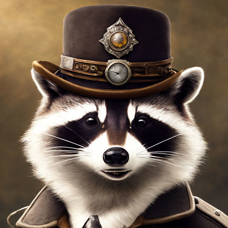 Steampunk-inspired raccoon in top hat with metallic gears outfit