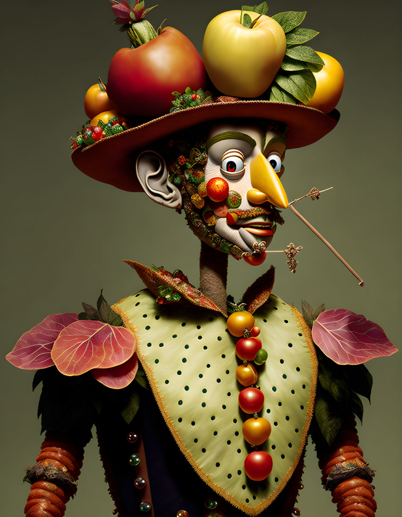 Colorful character in fruit and vegetable-themed attire with leafy collar and tomato necklace