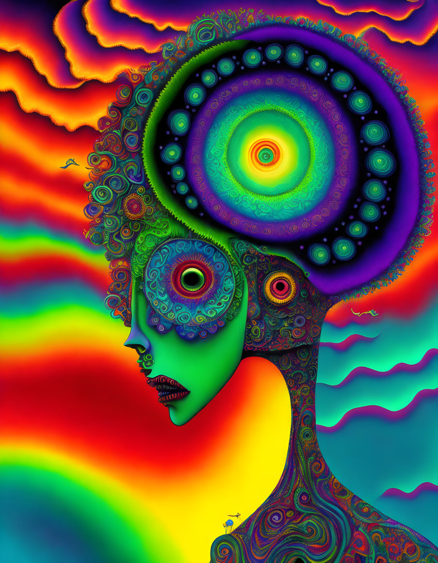 Colorful Psychedelic Artwork with Human Profile and Fractal Brain