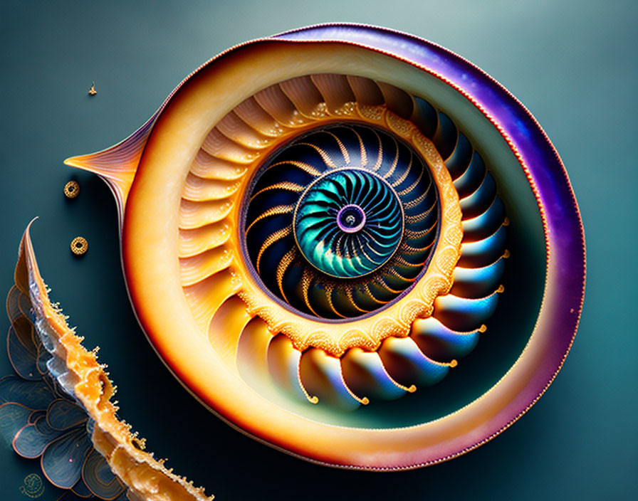 Colorful Fractal Nautilus Shell Artwork on Dark Background