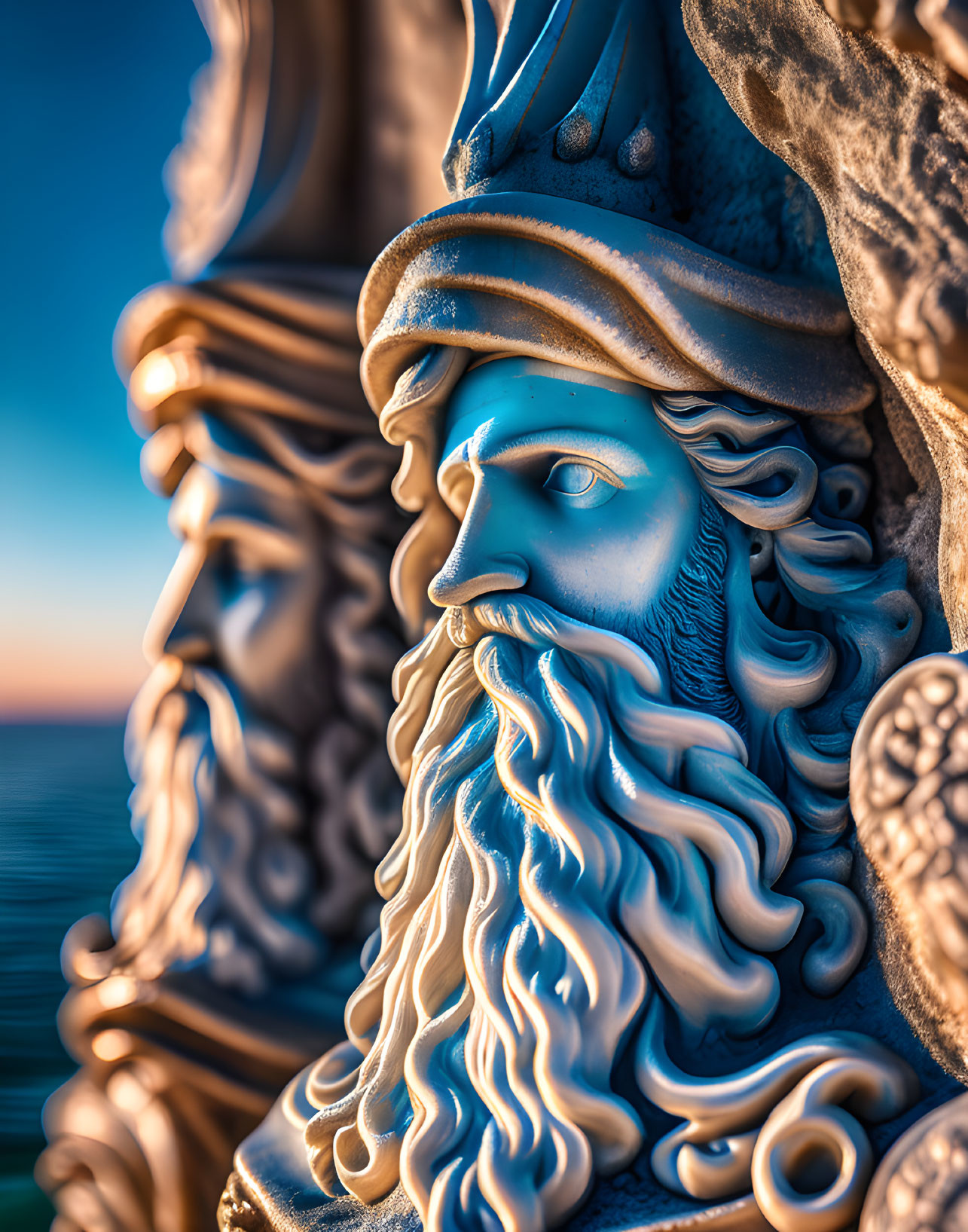 Detailed Sculpture of Bearded Mythical Figure with Crown at Sunset