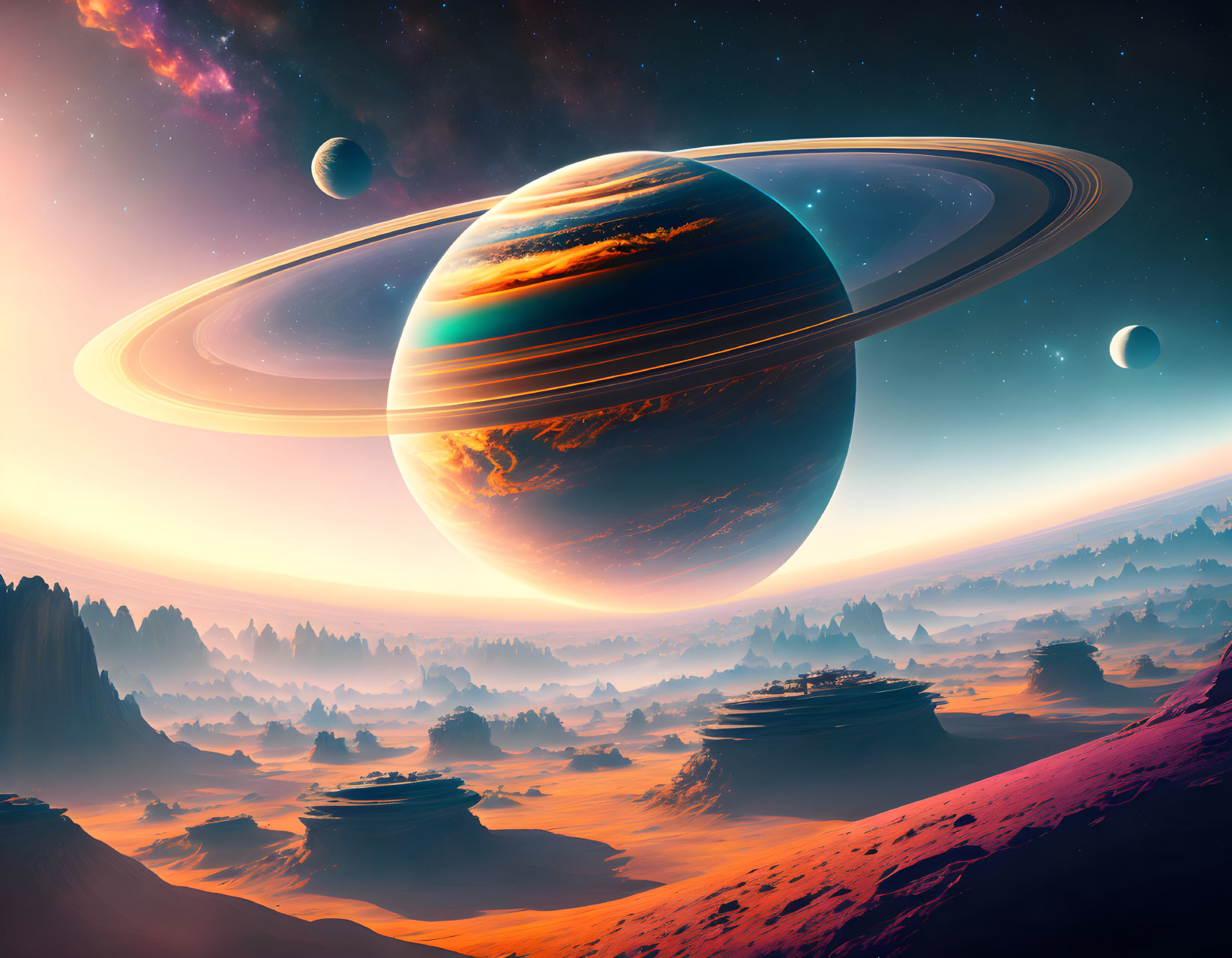 Large Ringed Planet Dominates Vibrant Sci-Fi Landscape