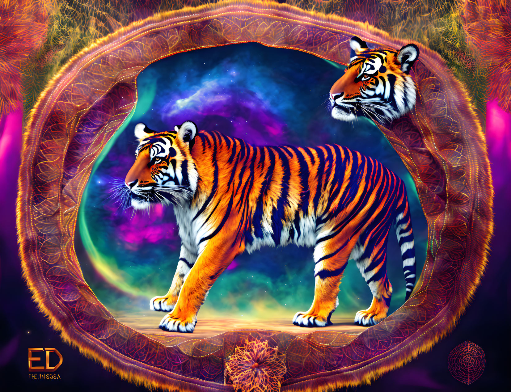 Colorful digital artwork: Two tigers in cosmic portal with ornate border