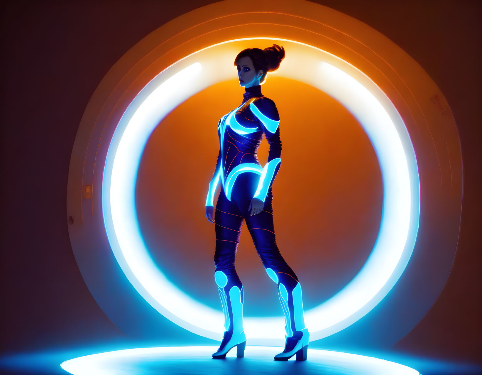 Futuristic woman in glowing blue suit near illuminated halo circle