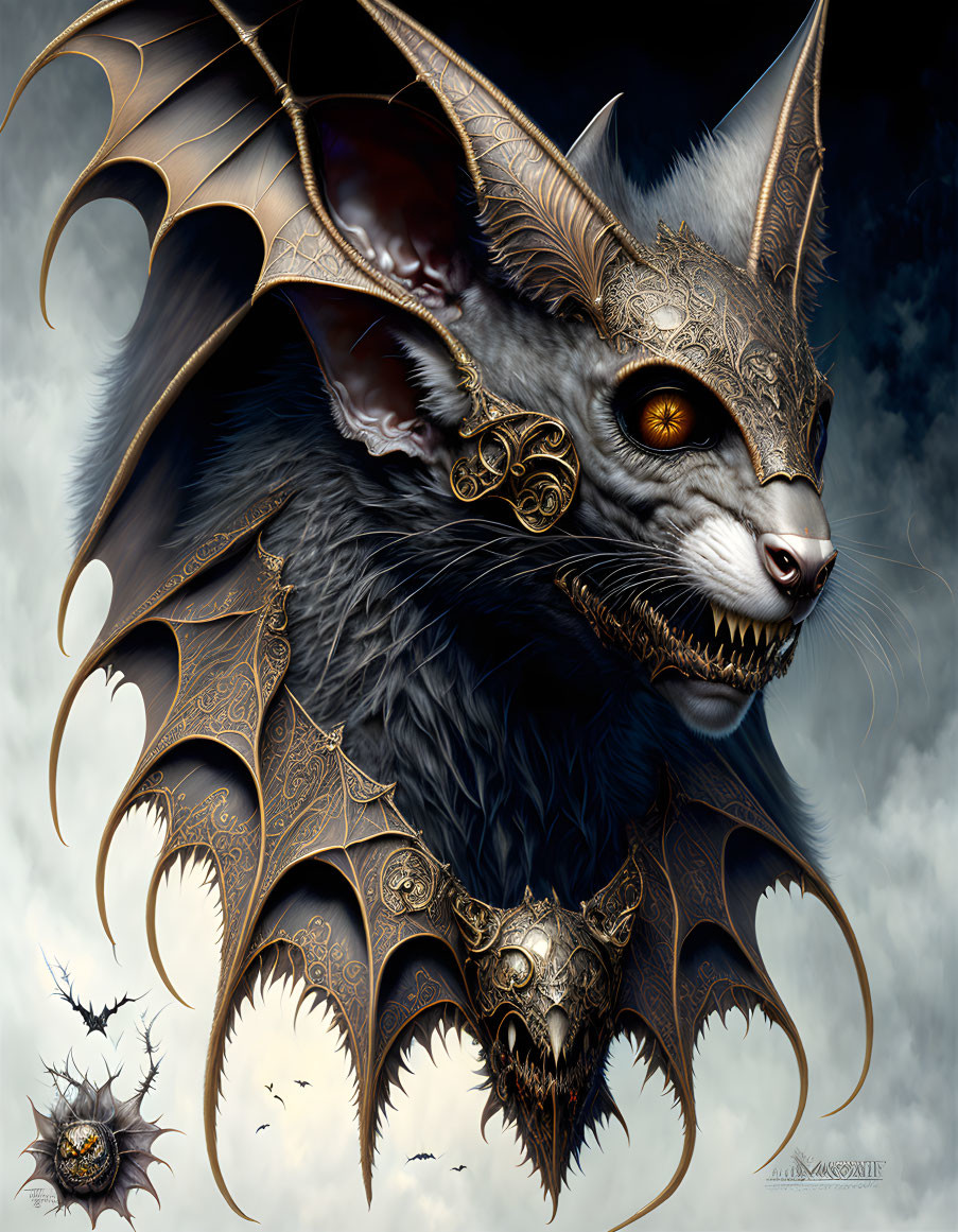 Fantastical creature with bat and cat features: large wings, golden details, amber eyes