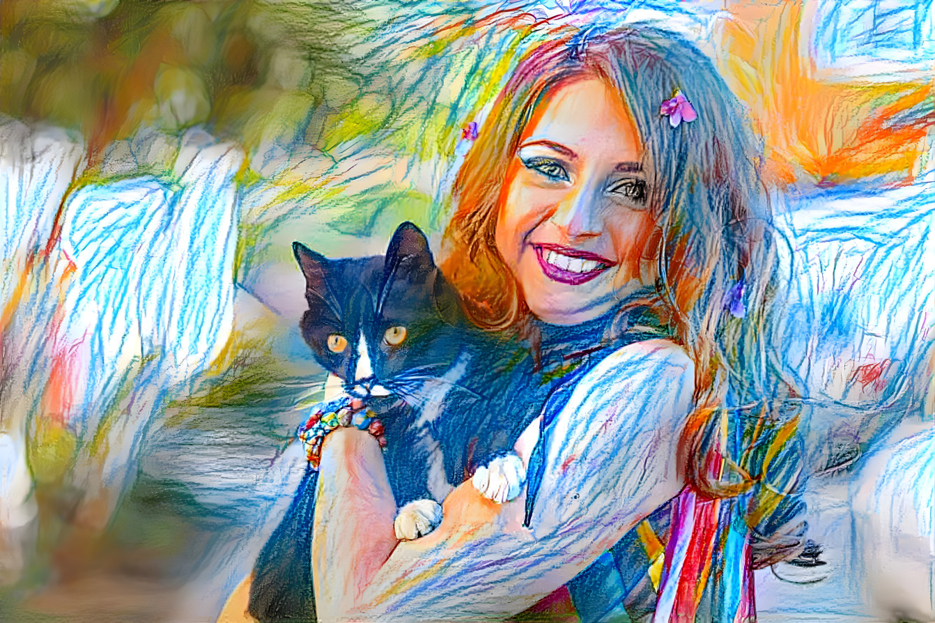 Crayon drawing girl holding cat.