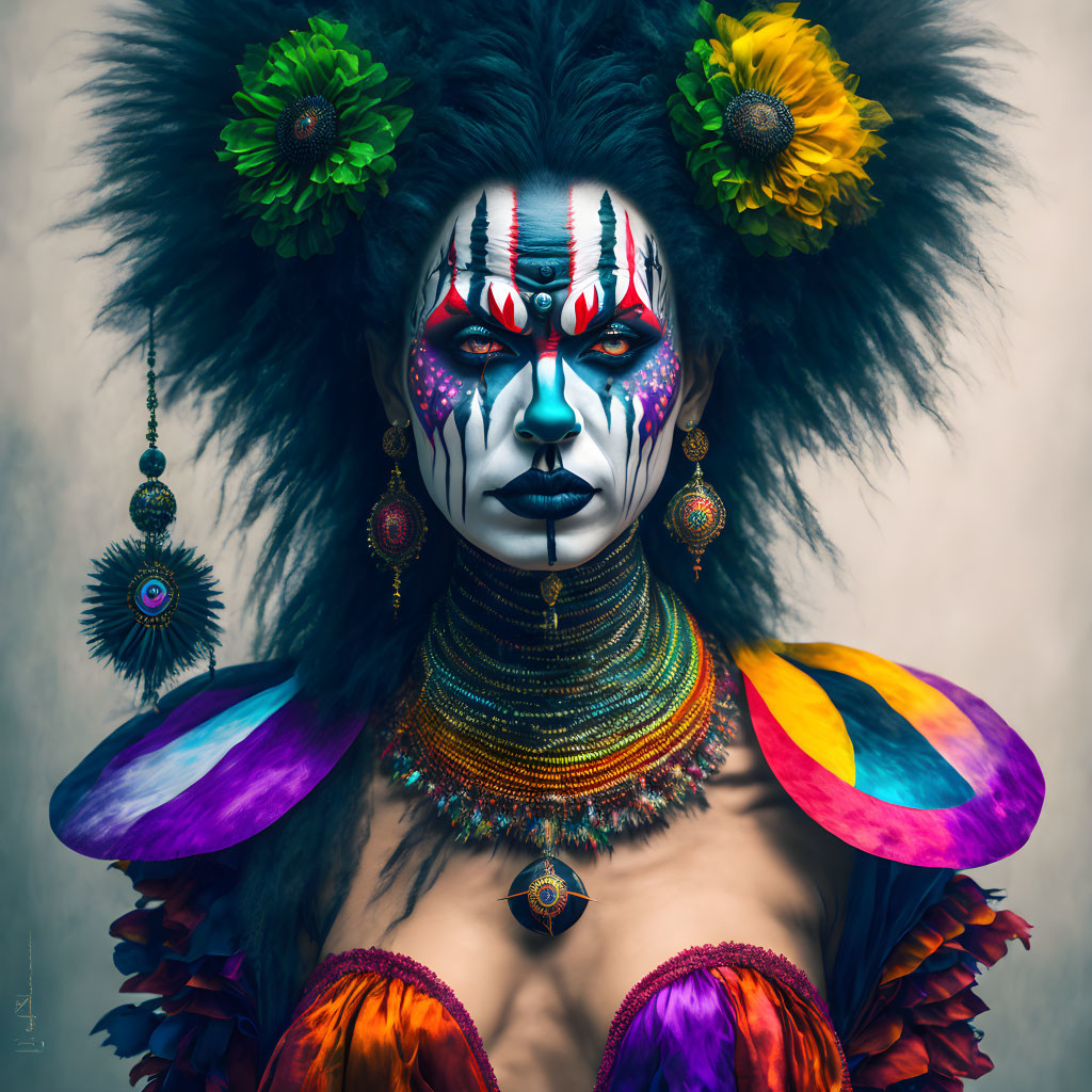 Colorful Tribal Makeup and Costume with Feathers, Flowers, and Jewelry