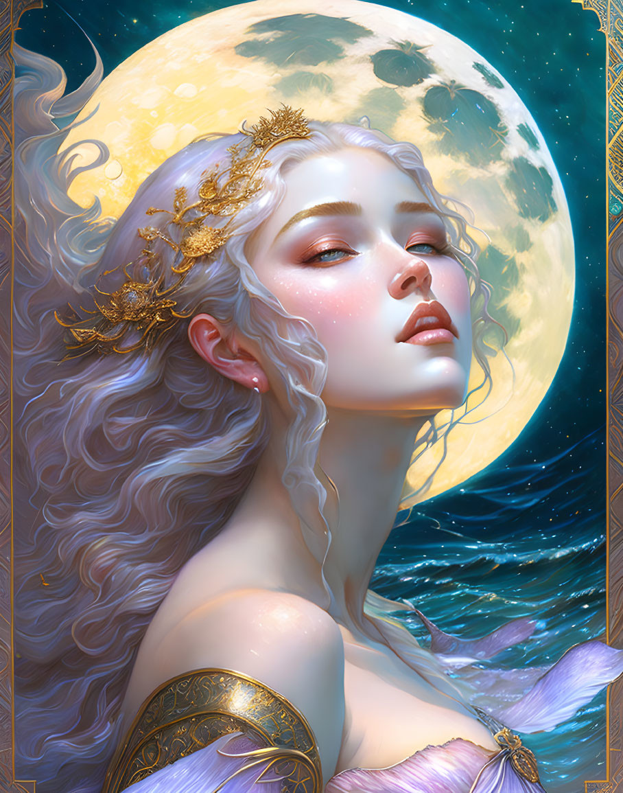 Ethereal woman with wavy hair in front of full moon & starry sky