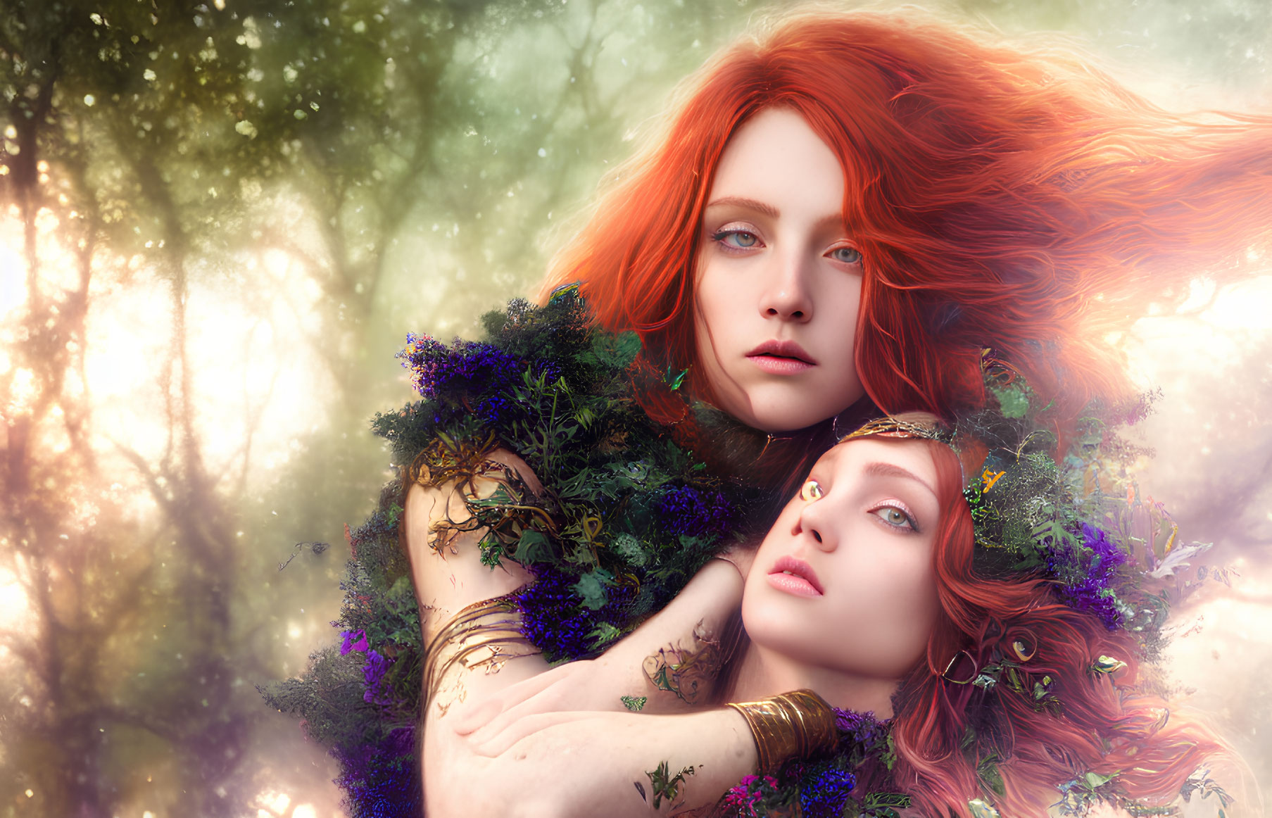 Ethereal women with red hair in enchanted forest scene