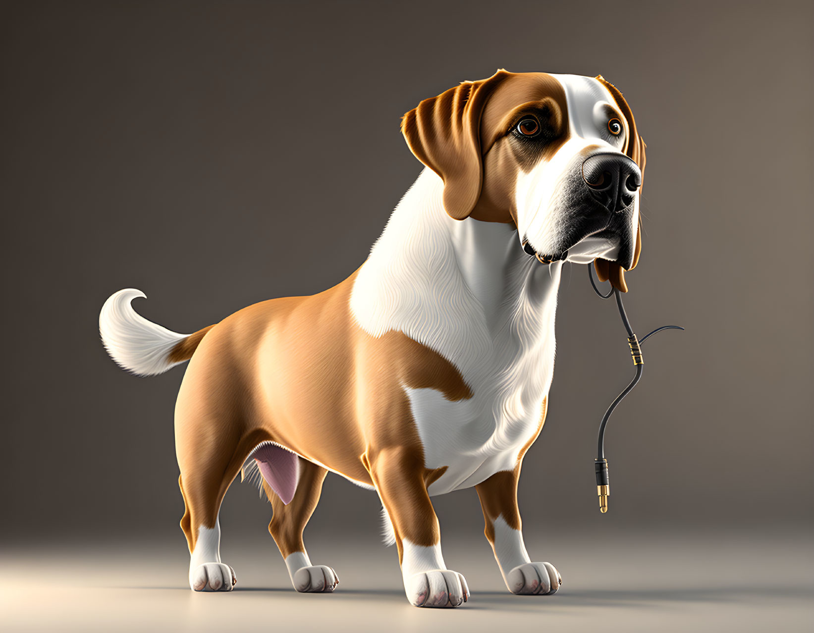 Brown and White Dog Holding Broken Leash on Gradient Background