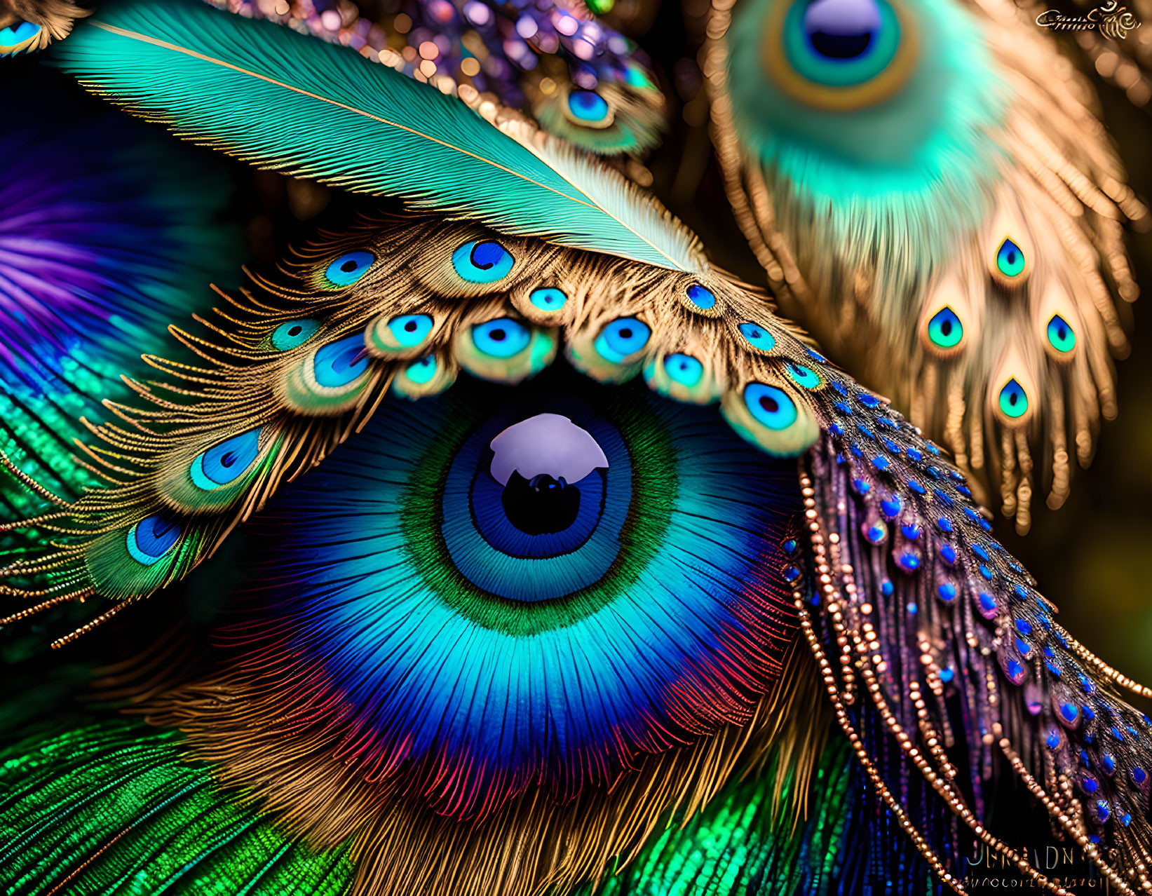 Colorful Peacock Feathers with Blue and Green Iridescent Hues