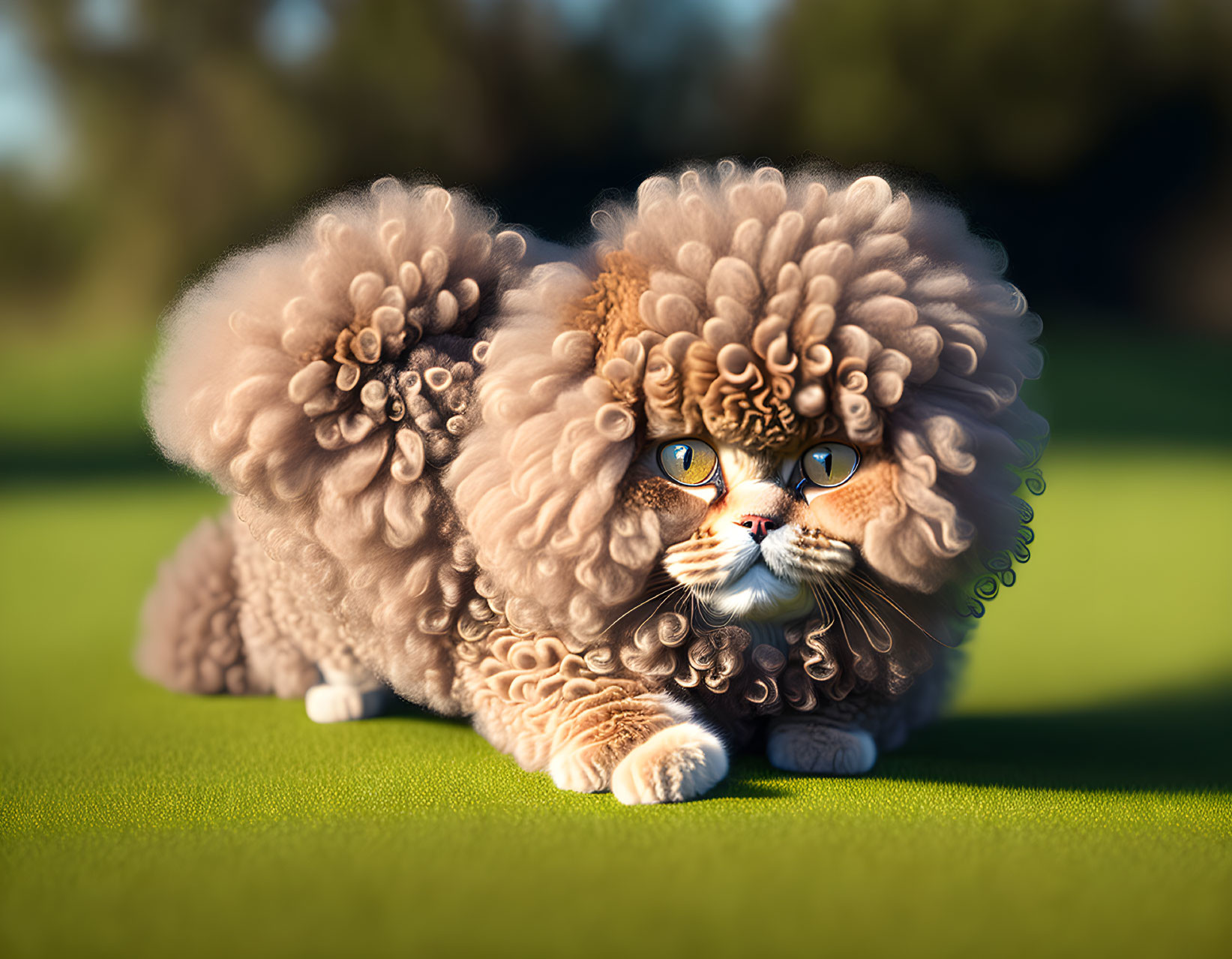 Fluffy Cat with Lion-Like Mane and Blue Eyes Resting on Grass