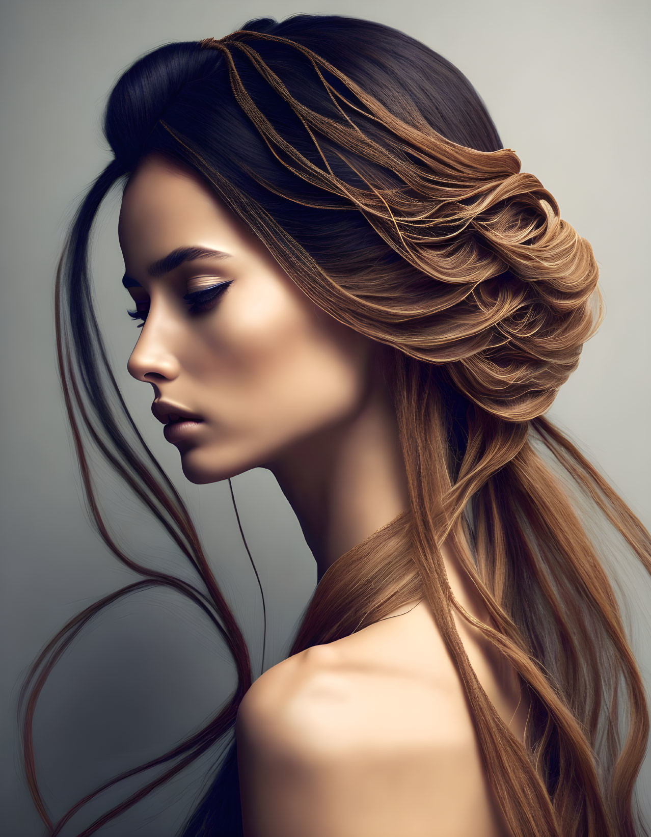 Elegant side profile of woman with creative braided hairstyle