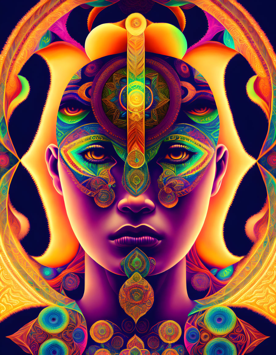 Symmetrical Multicolored Portrait of Woman with Mystical Third Eye