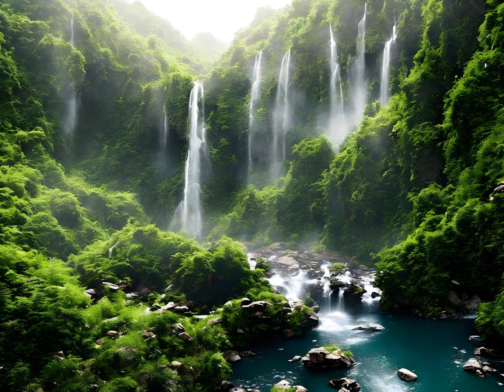 Tranquil landscape with multiple waterfalls and blue pool