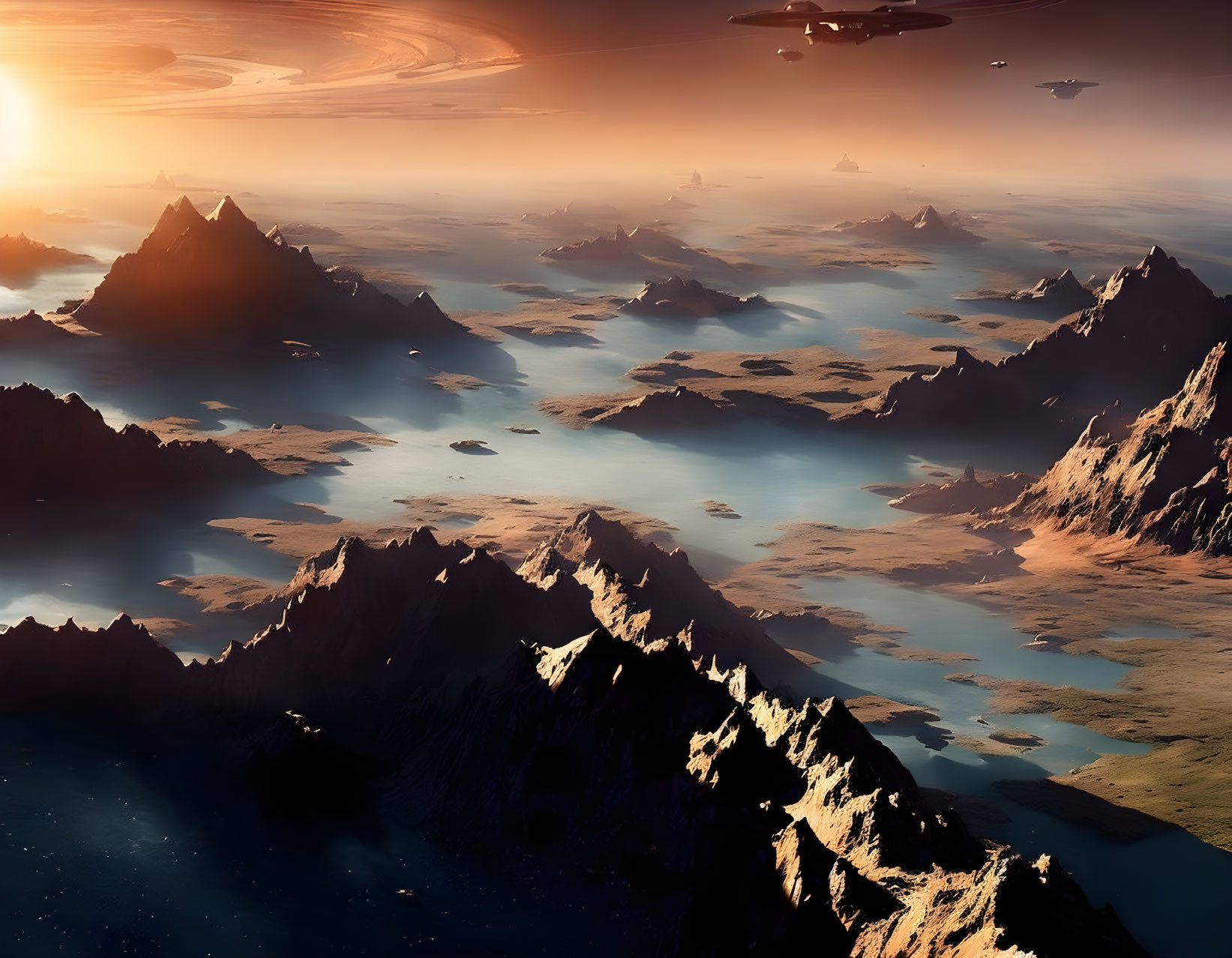 Alien landscape with rugged mountains, water bodies, and spaceships in hazy atmosphere