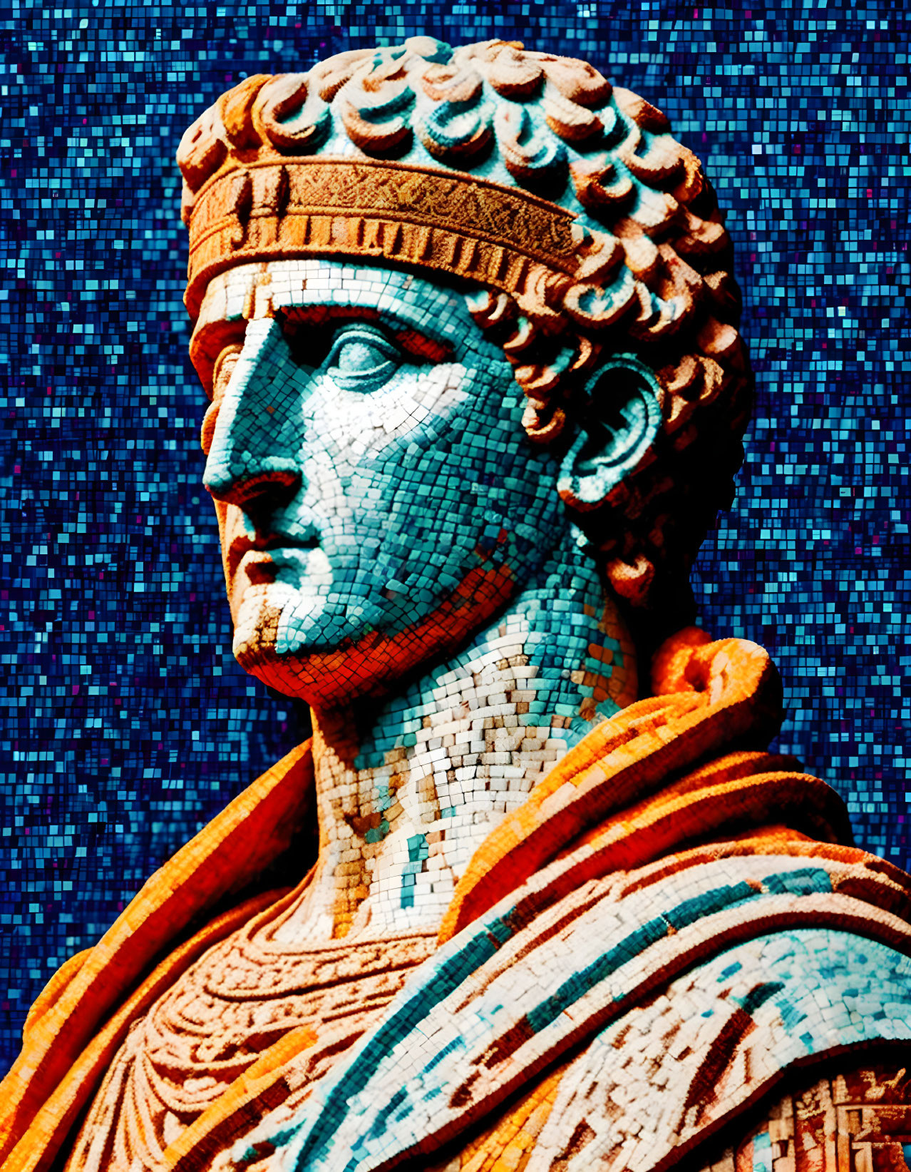 Classical statue mosaic with male figure and crown on blue background