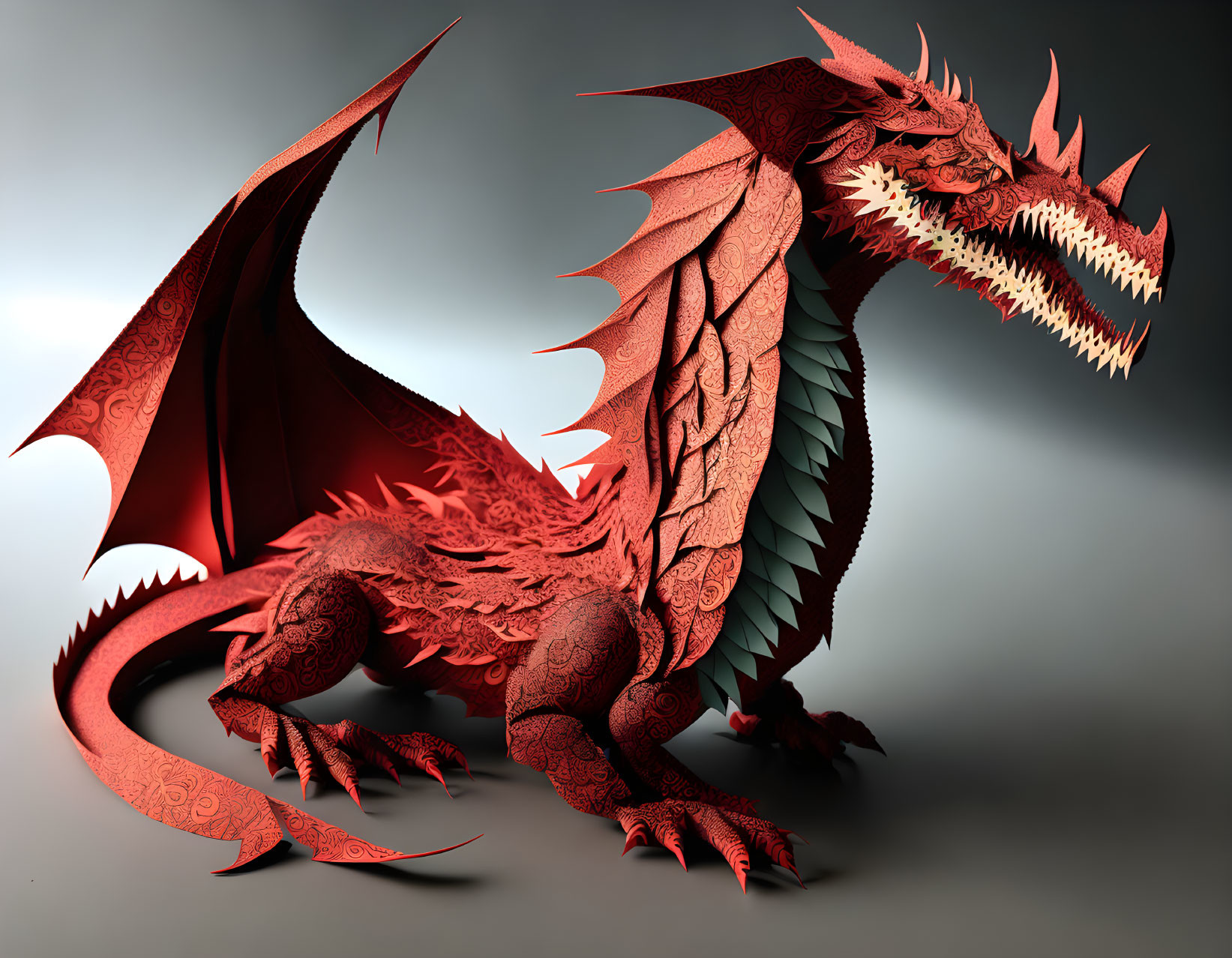 Intricate red and orange dragon with large wings on grey background