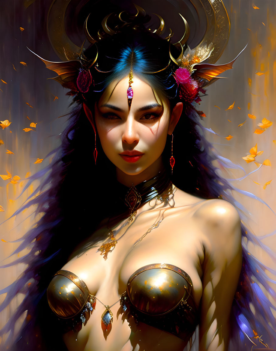 Fantasy female character with golden horned headgear and jewelry in autumn setting