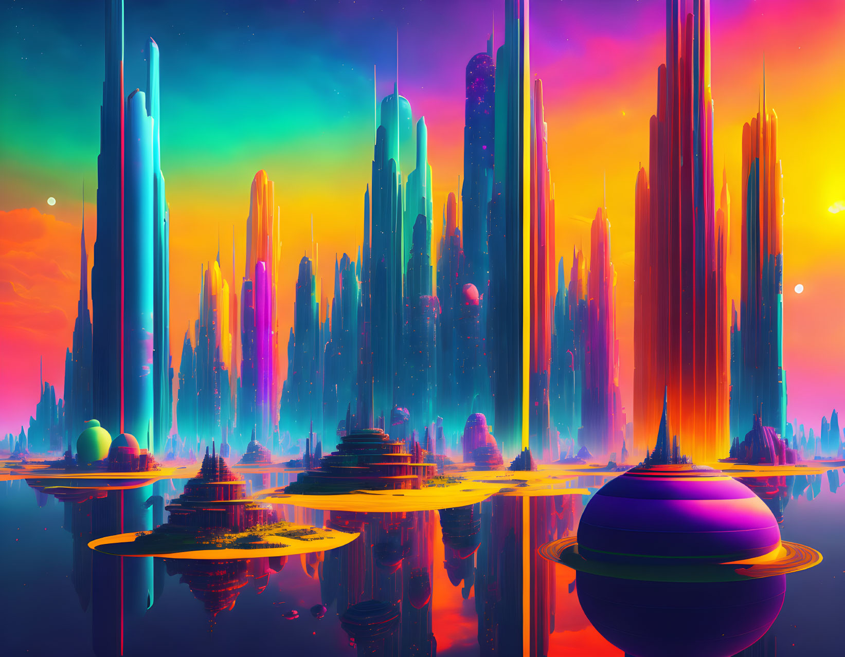 Futuristic cityscape with neon skyscrapers and alien sky reflected in water