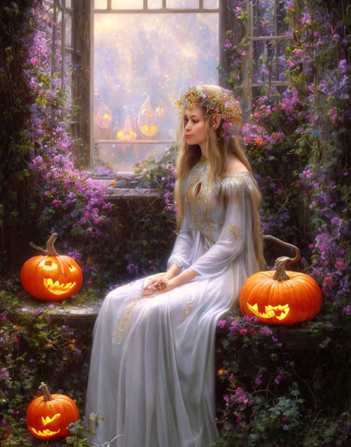 Medieval-style woman with golden crown on stone bench among purple flowers and carved pumpkins